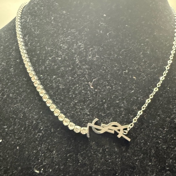 New upcycled ysl Elegant Silver Necklace with Crystal Accents - Picture 2 of 4